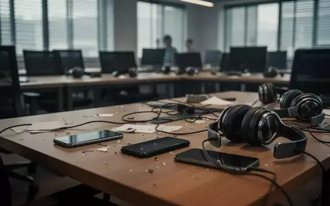 Verlassene Arbeitsplätze in einem Büro mit mehreren Smartphones und Headsets auf den Tischen. - Foto: über boerse-global.de
