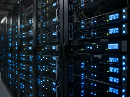 Reihen von leuchtenden Server-Racks in einem modernen Rechenzentrum als Symbol für IT-Sicherheit. - Foto: über boerse-global.de