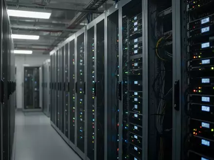 Moderne Serverracks in einem Krankenhaus-Rechenzentrum mit blinkenden Statusleuchten in einer dunklen Umgebung. - Foto: über boerse-global.de