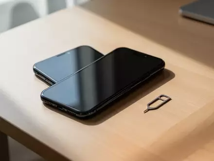 Ein modernes Smartphone liegt mit ausgeschaltetem Bildschirm auf einem Schreibtisch neben einem Werkzeug zum Auswerfen der SIM-Karte. - Foto: über boerse-global.de