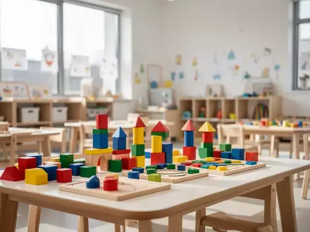 Ein heller, moderner Gruppenraum einer Kindertagesstätte mit ordentlich aufgereihten Lernmaterialien und Bausteinen. - Foto: über boerse-global.de
