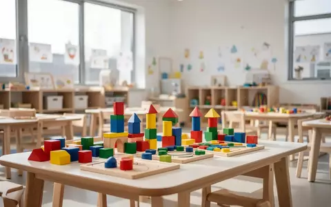Ein heller, moderner Gruppenraum einer Kindertagesstätte mit ordentlich aufgereihten Lernmaterialien und Bausteinen. - Foto: über boerse-global.de