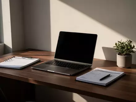 Ein minimalistischer Schreibtisch mit einem geschlossenen Laptop und Planer in natürlichem Morgenlicht. - Foto: über boerse-global.de