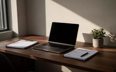 Ein minimalistischer Schreibtisch mit einem geschlossenen Laptop und Planer in natürlichem Morgenlicht. - Foto: über boerse-global.de