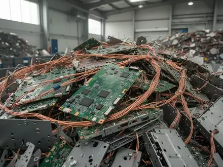 Ein Haufen aus recycelbaren Elektronikbauteilen und Kupferkabeln in einer Industrieanlage zur Wiederverwertung. - Foto: über boerse-global.de