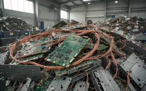 Ein Haufen aus recycelbaren Elektronikbauteilen und Kupferkabeln in einer Industrieanlage zur Wiederverwertung. - Foto: über boerse-global.de