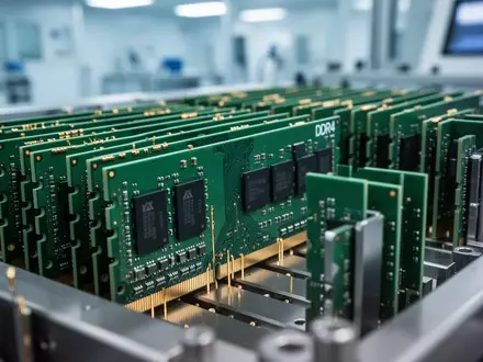 Eine Reihe von grünen DDR4-Arbeitsspeichermodulen in einer industriellen Fertigungsumgebung. - Foto: über boerse-global.de
