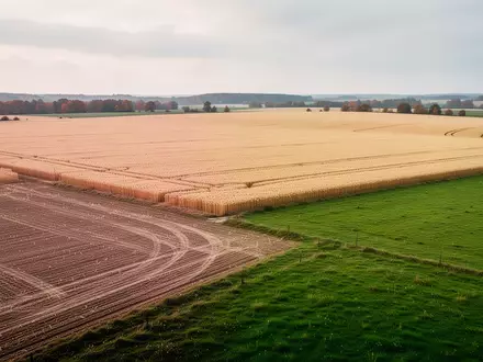 Weites abgeerntetes Ackerland und grüne Wiesen in einer herbstlichen Agrarlandschaft. - Foto: über boerse-global.de