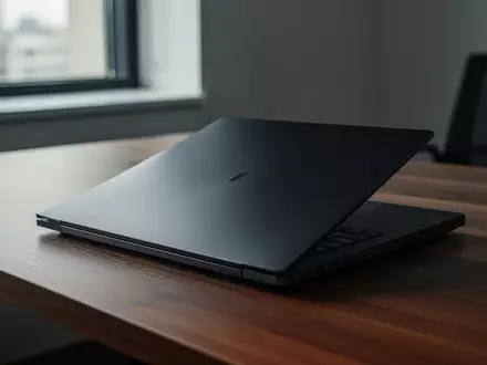 Ein geschlossener Laptop auf einem Holztisch in einem modernen, minimalistischen Büro bei natürlichem Licht. - Foto: über boerse-global.de