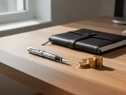 Ein moderner Schreibtisch mit Notizbuch, Füllfederhalter und Goldmünzen bei natürlichem Licht. - Foto: über boerse-global.de