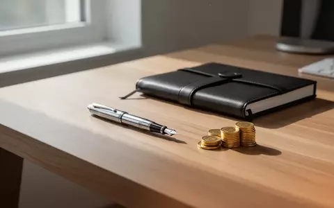 Ein moderner Schreibtisch mit Notizbuch, Füllfederhalter und Goldmünzen bei natürlichem Licht. - Foto: über boerse-global.de