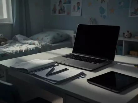 Ein unaufgeräumter Schreibtisch in einem Kinderzimmer mit einem dunklen Laptop-Bildschirm und verstreuten Schulmaterialien. - Foto: über boerse-global.de
