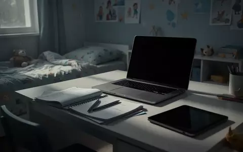 Ein unaufgeräumter Schreibtisch in einem Kinderzimmer mit einem dunklen Laptop-Bildschirm und verstreuten Schulmaterialien. - Foto: über boerse-global.de