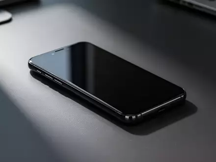 Ein ausgeschaltetes Smartphone liegt auf einem dunklen Schreibtisch in einer modernen Büroumgebung. - Foto: über boerse-global.de