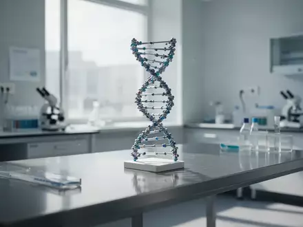 Ein abstraktes Modell einer DNA-Doppelhelix auf einem modernen Labortisch vor einem verschwommenen medizinischen Hintergrund. - Foto: über boerse-global.de