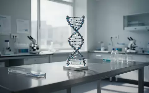 Ein abstraktes Modell einer DNA-Doppelhelix auf einem modernen Labortisch vor einem verschwommenen medizinischen Hintergrund. - Foto: über boerse-global.de