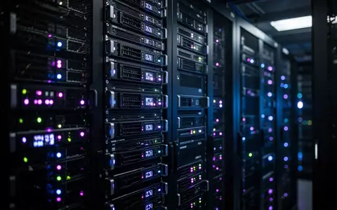 Dunkler Serverraum mit leuchtenden blauen und violetten Status-LEDs an Hardware-Racks. - Foto: über boerse-global.de