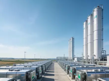 Moderne grüne Wasserstoff-Produktionsanlage in einer weitläufigen ländlichen Landschaft bei Tageslicht. - Foto: über boerse-global.de