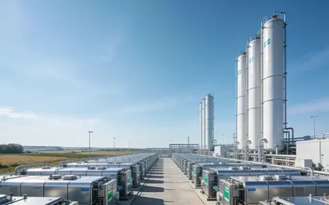 Moderne grüne Wasserstoff-Produktionsanlage in einer weitläufigen ländlichen Landschaft bei Tageslicht. - Foto: über boerse-global.de