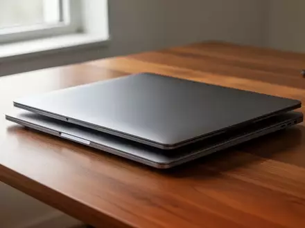 Zwei geschlossene, flache Laptops auf einem Holztisch in einem hellen, minimalistischen Büro. - Foto: über boerse-global.de