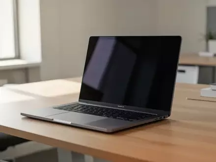 Ein modernes, geschlossenes Arm-basiertes Laptop auf einem minimalistischen Schreibtisch in einem hellen Büro. - Foto: über boerse-global.de