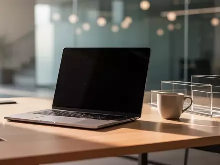 Ein minimalistischer, moderner Arbeitsplatz mit einem Laptop auf einem Holztisch in einem hellen Büro. - Foto: über boerse-global.de