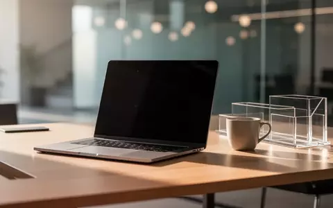 Ein minimalistischer, moderner Arbeitsplatz mit einem Laptop auf einem Holztisch in einem hellen Büro. - Foto: über boerse-global.de