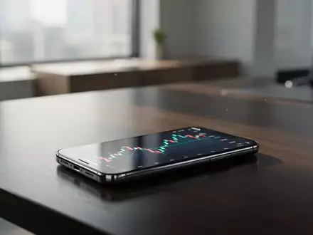 Ein Smartphone mit einem digitalen Marktdiagramm liegt auf einem dunklen Bürotisch in einer professionellen Umgebung. - Foto: über boerse-global.de