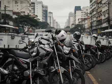Parkende Liefermotorräder mit Thermoboxen in einer brasilianischen Großstadt während eines Streiks. - Foto: über boerse-global.de