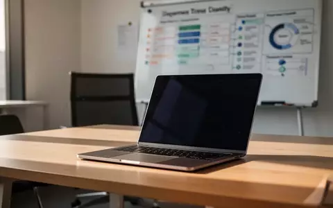 Ein minimalistischer Büroarbeitsplatz mit einem Laptop und einer Aufgabenübersicht im Hintergrund, die KI-gestützte Projektverwaltung symbolisiert. - Foto: über boerse-global.de