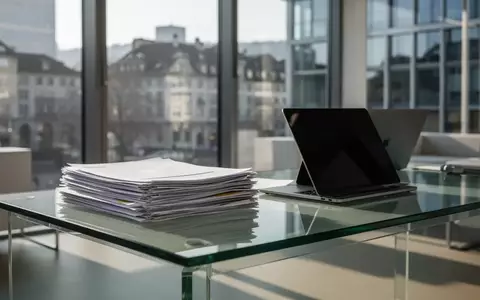 Ein minimalistischer Bürotisch mit Dokumenten und einem geschlossenen Laptop in einer modernen Bankumgebung. - Foto: über boerse-global.de