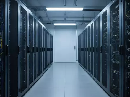 Modernes Server-Rechenzentrum mit blauer Beleuchtung und geordneten Serverschränken. - Foto: über boerse-global.de