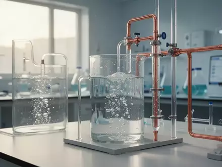 Moderne Laborausrüstung für die Wasserstoffproduktion mit Glasgefäßen und Kupferleitungen in hellem Tageslicht. - Foto: über boerse-global.de