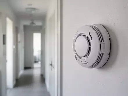 Ein moderner Rauchmelder an einer weißen Zimmerwand in einem Flur. - Foto: über boerse-global.de
