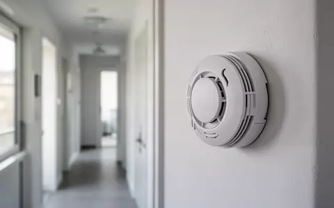 Ein moderner Rauchmelder an einer weißen Zimmerwand in einem Flur. - Foto: über boerse-global.de