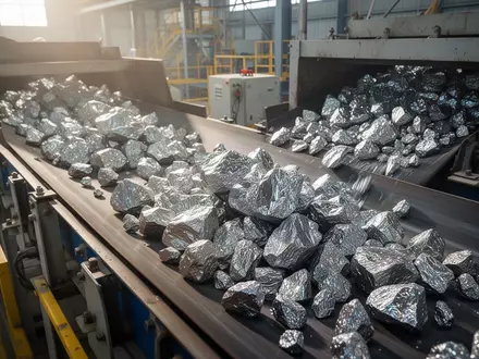Moderne industrielle Anlage zur Wolframverarbeitung mit Metallerz auf einem Förderband. - Foto: über boerse-global.de