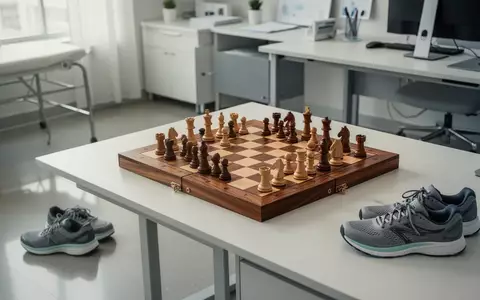 Ein Schachbrett auf einem Schreibtisch neben Sportschuhen als Symbol für kognitives und körperliches Training. - Foto: über boerse-global.de