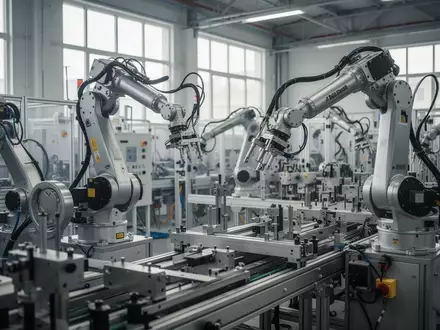 Moderne, automatisierte Industriehalle mit Präzisionsrobotern und Produktionsanlagen in einer weitläufigen Fabrik. - Foto: über boerse-global.de