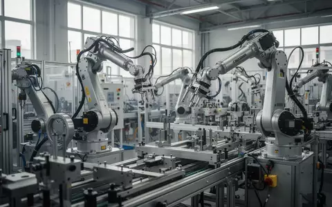 Moderne, automatisierte Industriehalle mit Präzisionsrobotern und Produktionsanlagen in einer weitläufigen Fabrik. - Foto: über boerse-global.de