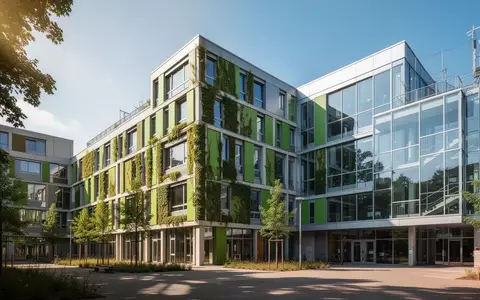 Modernes Schulgebäude in einer Stadt mit begrünten Fassadenelementen zur Hitzereduktion an einem sonnigen Tag. - Foto: über boerse-global.de