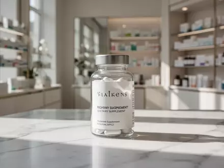 Hochwertige Nahrungsergänzungsmittel in einer minimalistischen Glasflasche auf einer Marmoroberfläche. - Foto: über boerse-global.de