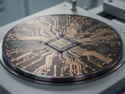 Nahaufnahme eines modernen Halbleiter-Wafers mit komplexen Schaltkreisstrukturen in einer sterilen Laborumgebung. - Foto: über boerse-global.de