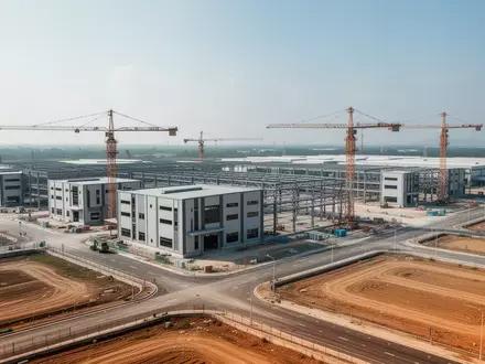Luftaufnahme einer modernen Industrieanlage im Bau in Kaohsiung, Taiwan, mit Modulbauten und Kränen. - Foto: über boerse-global.de