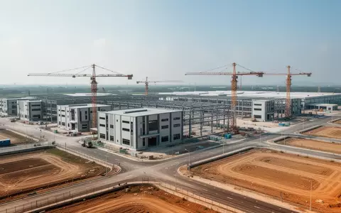 Luftaufnahme einer modernen Industrieanlage im Bau in Kaohsiung, Taiwan, mit Modulbauten und Kränen. - Foto: über boerse-global.de