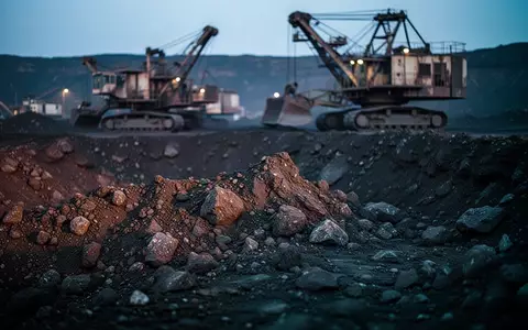 Ein raues Bergbaugelände bei Dämmerung mit Fokus auf die Erdbeschaffenheit und unscharfen Industriemaschinen im Hintergrund. - Foto: über boerse-global.de