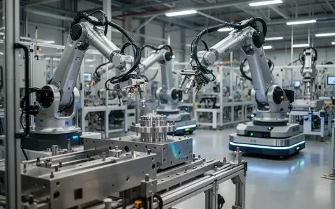 Moderne, automatisierte Industriefertigung mit Roboterarmen und autonomen Plattformen in einer hellen Fabrikhalle. - Foto: über boerse-global.de