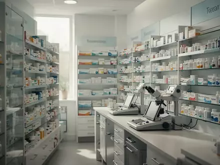 Innenansicht einer modernen Apotheke mit ordentlich sortierten Medikamentenregalen in einer klinischen Umgebung. - Foto: über boerse-global.de