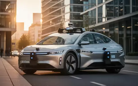 Ein autonomes Fahrzeug mit Sensortechnik steht in einem modernen Geschäftsviertel bei Sonnenuntergang. - Foto: über boerse-global.de