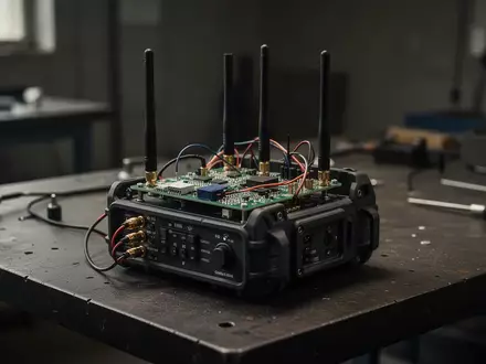 Ein technisches Gerät mit Antennen auf einem Werkbanktisch, das für illegale Mobilfunkübertragungen verwendet wurde. - Foto: über boerse-global.de