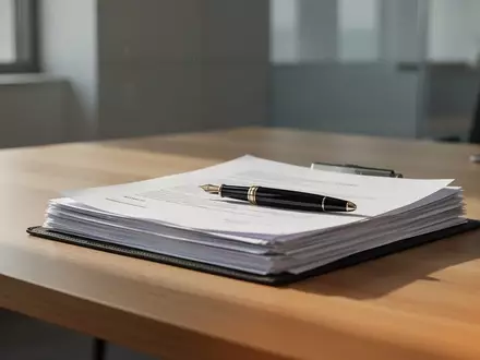 Ein aufgeräumter Schreibtisch mit juristischen Dokumenten und einem Füllfederhalter in einem modernen, hellen Büro. - Foto: über boerse-global.de